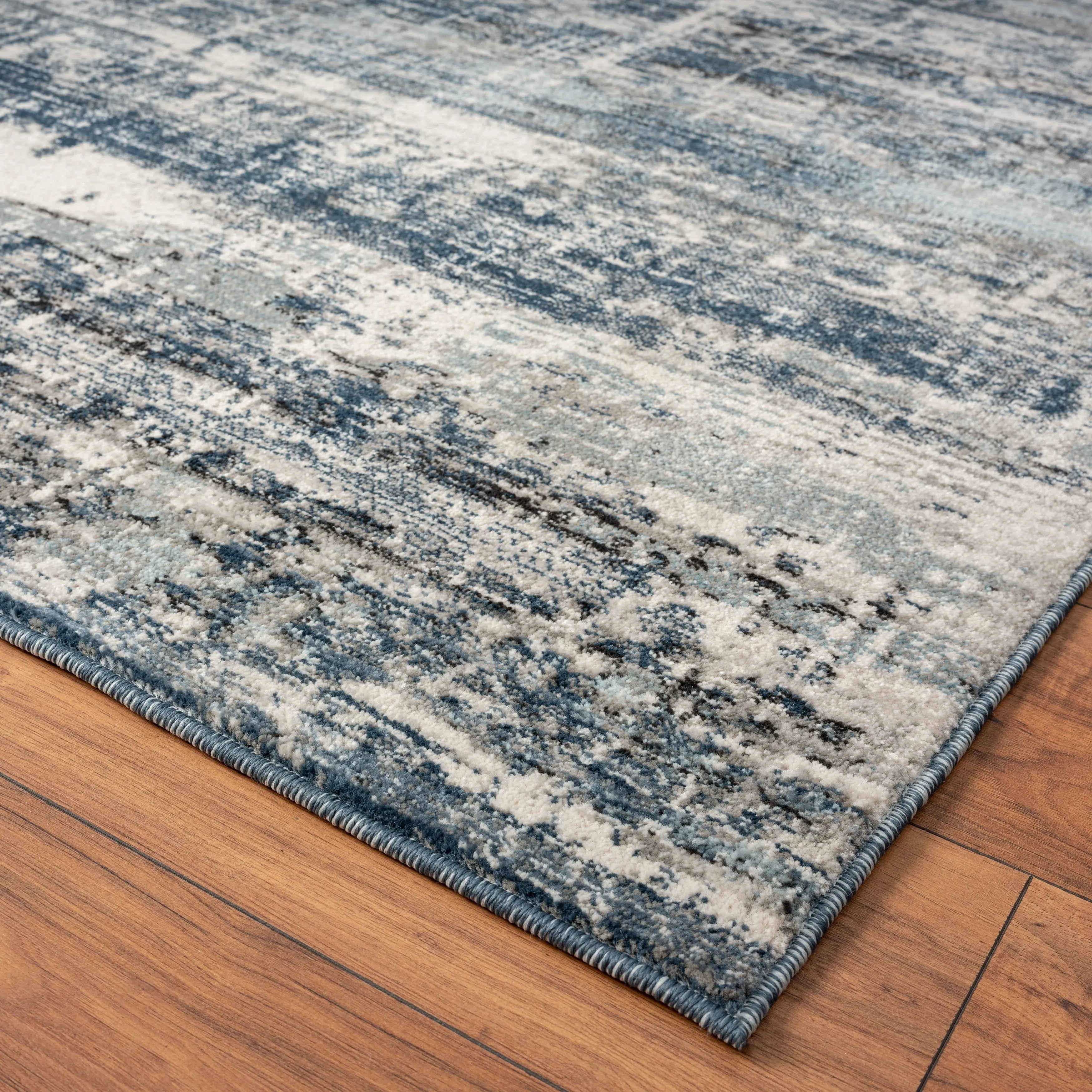 Theory Distressed Denim Blues / Greys Abstract Area Rug