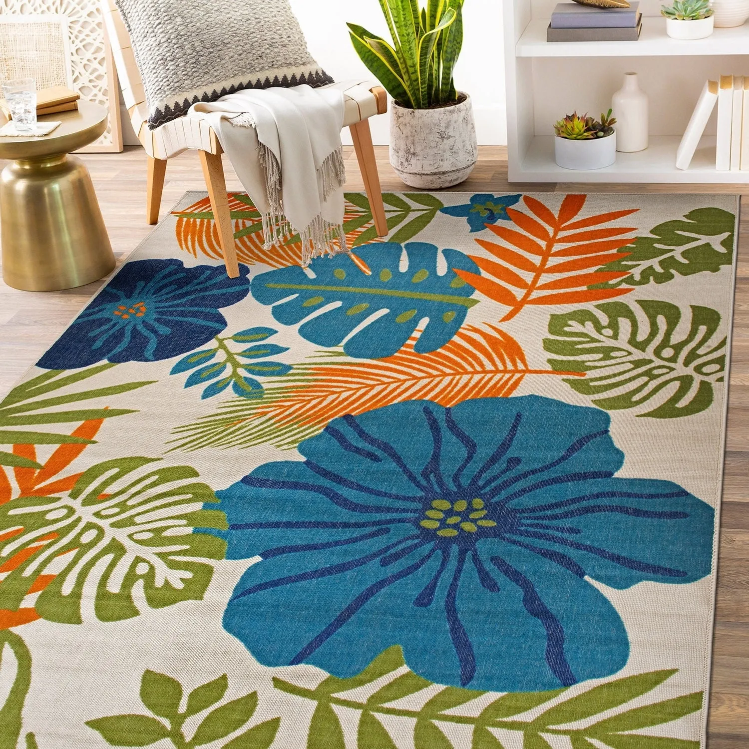 Tropical Floral Leaves Indoor/Outdoor Area Rug