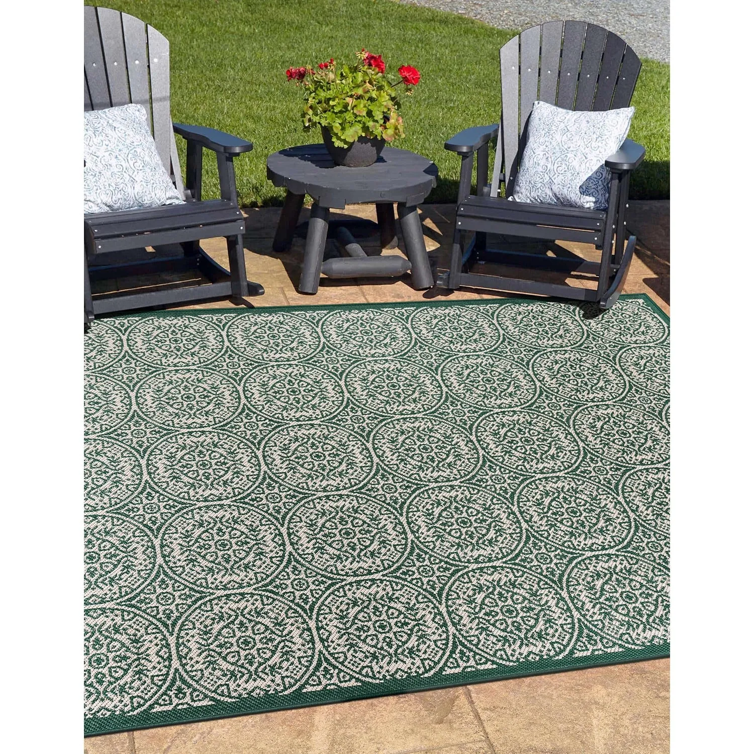 World Rug Gallery Transitional Floral Circles Textured Flat Weave Indoor/Outdoor Area Rug