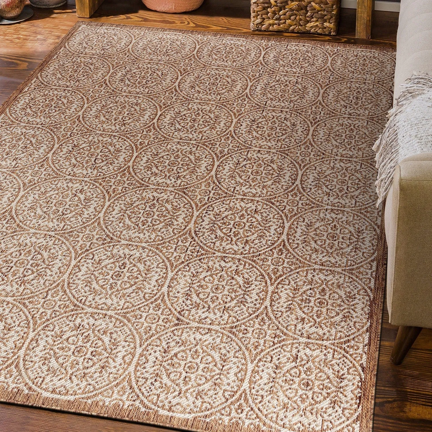 World Rug Gallery Transitional Floral Circles Textured Flat Weave Indoor/Outdoor Area Rug
