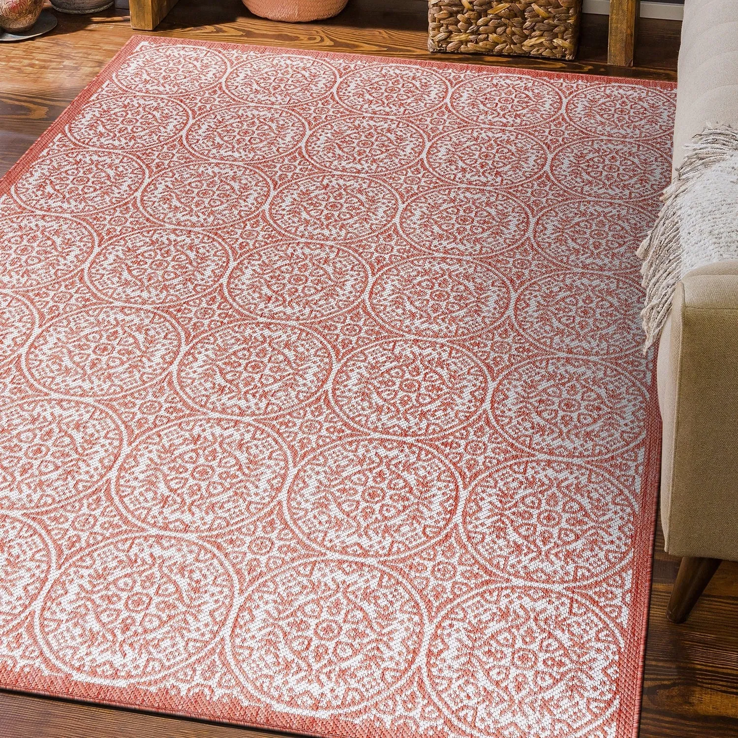 World Rug Gallery Transitional Floral Circles Textured Flat Weave Indoor/Outdoor Area Rug