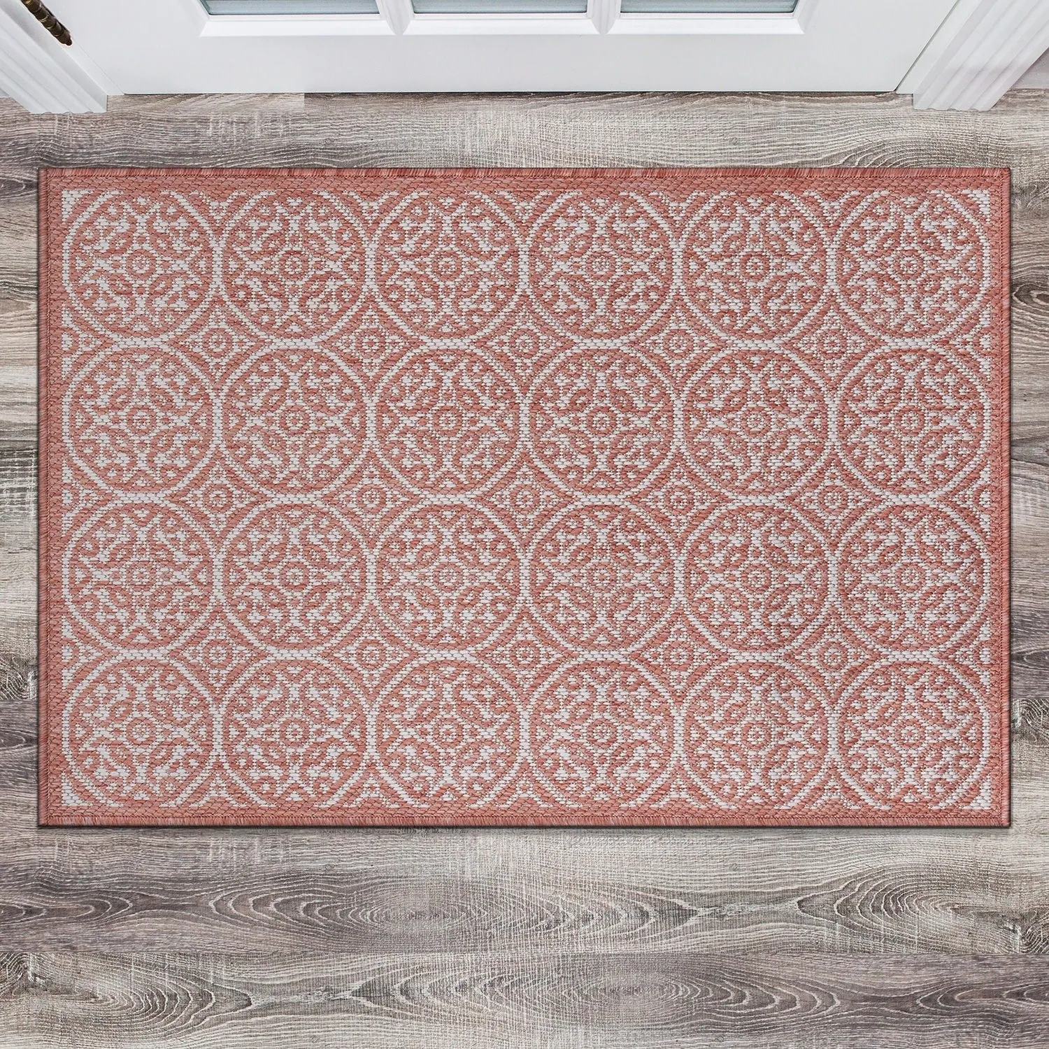 World Rug Gallery Transitional Floral Circles Textured Flat Weave Indoor/Outdoor Area Rug