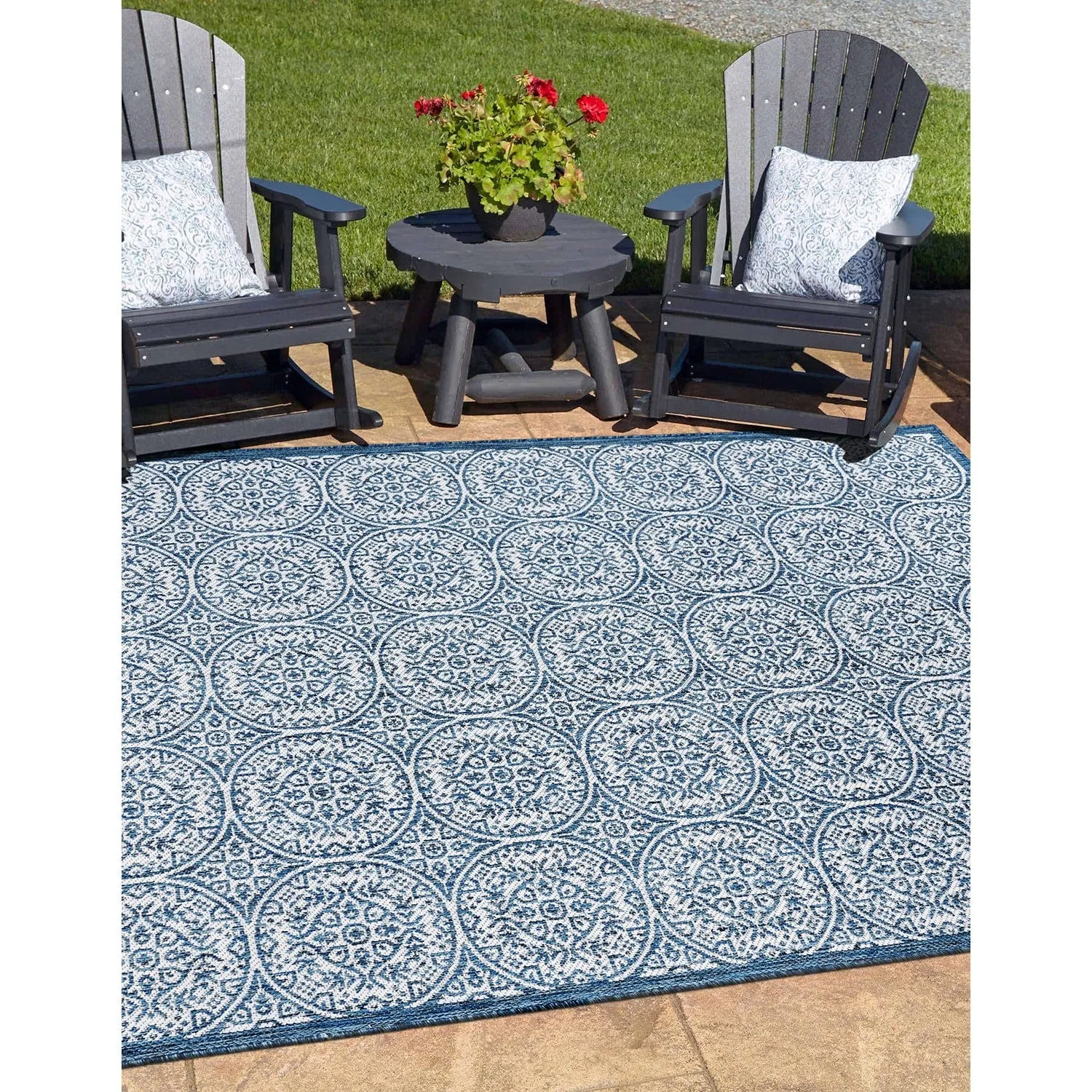 World Rug Gallery Transitional Floral Circles Textured Flat Weave Indoor/Outdoor Area Rug