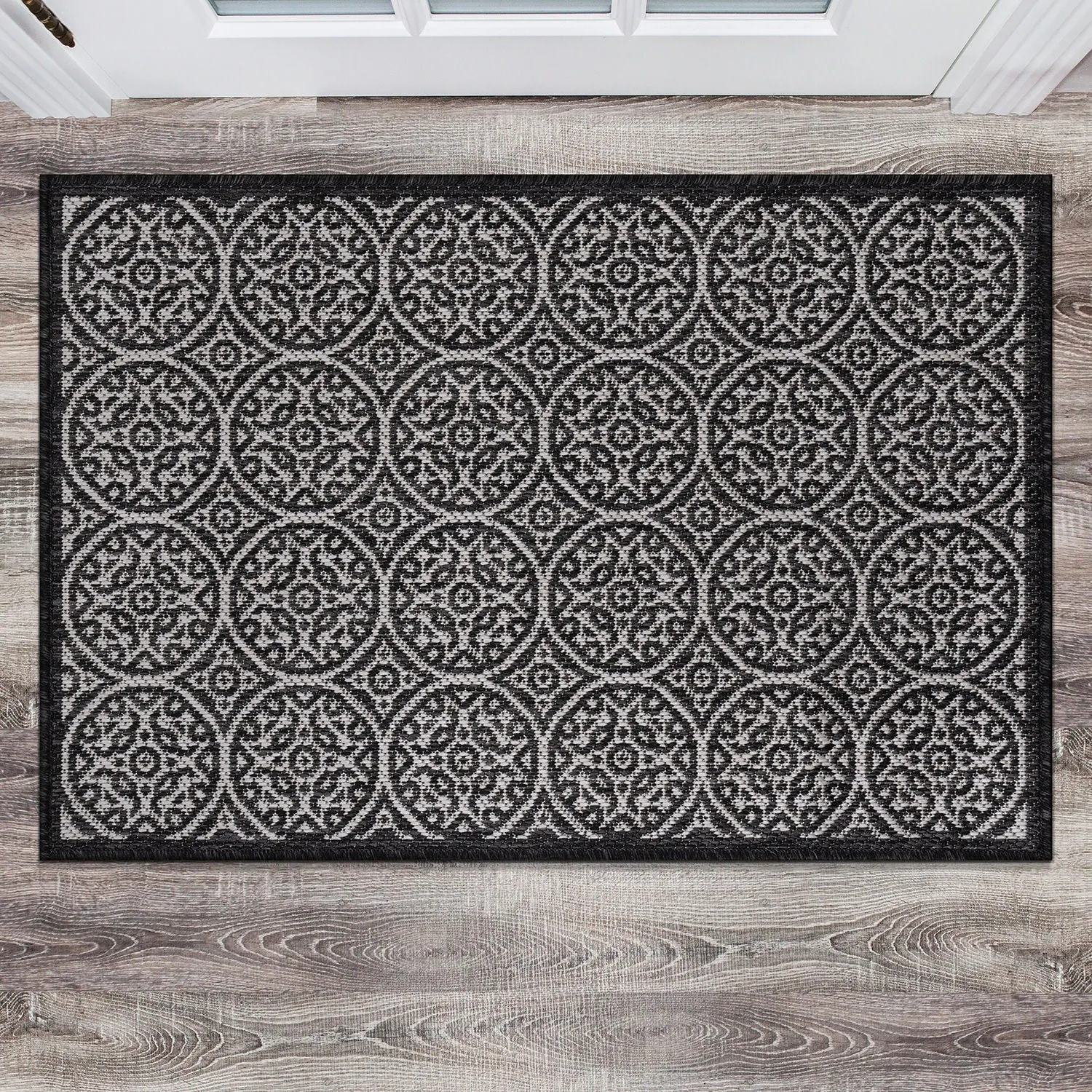 World Rug Gallery Transitional Floral Circles Textured Flat Weave Indoor/Outdoor Area Rug