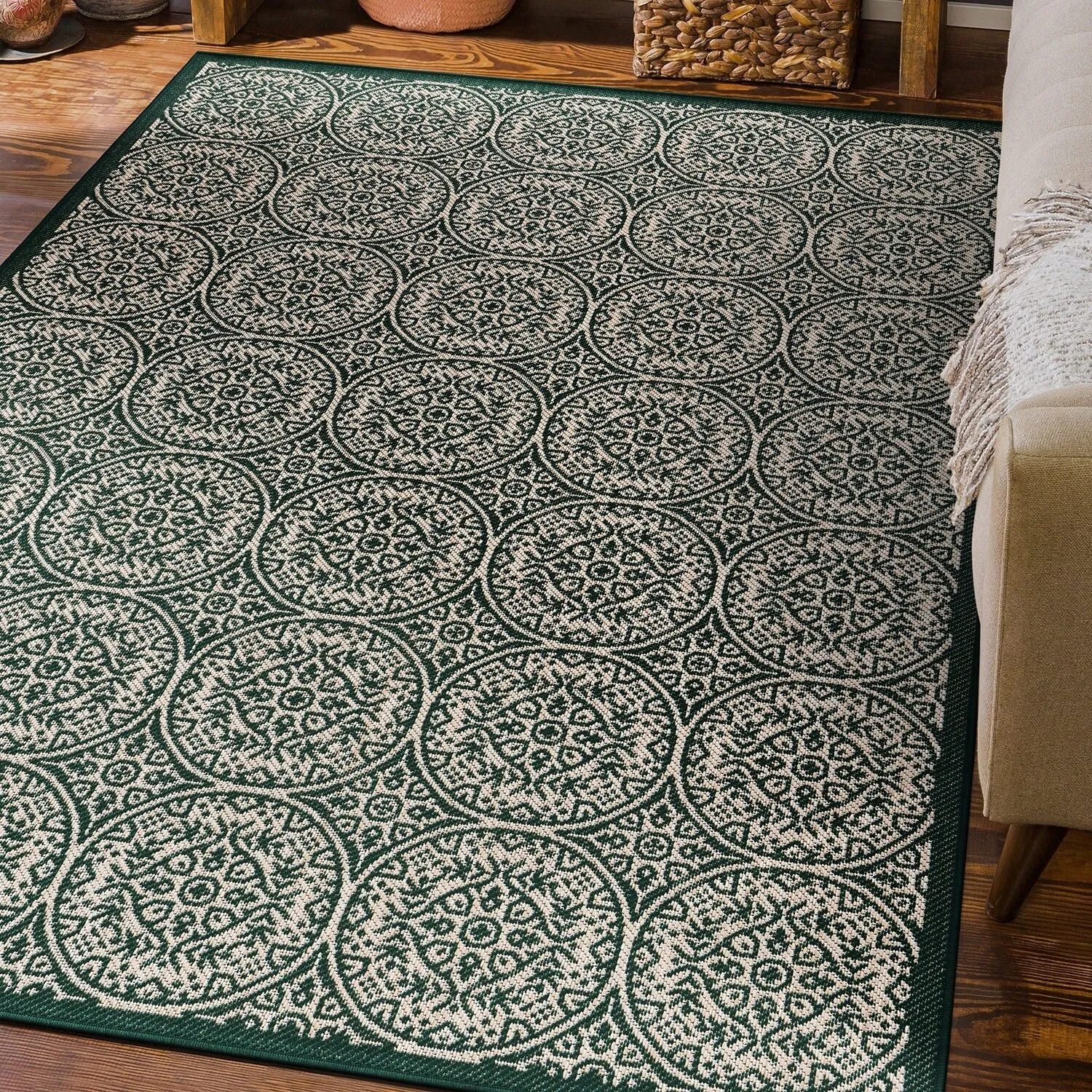 World Rug Gallery Transitional Floral Circles Textured Flat Weave Indoor/Outdoor Area Rug