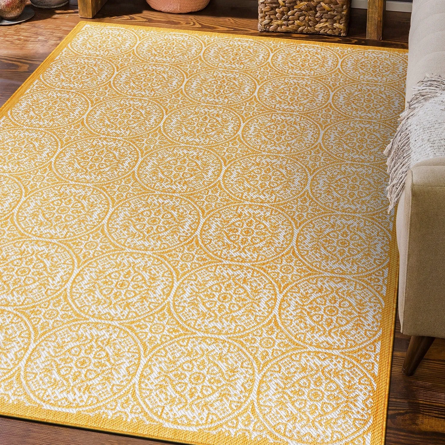 World Rug Gallery Transitional Floral Circles Textured Flat Weave Indoor/Outdoor Area Rug