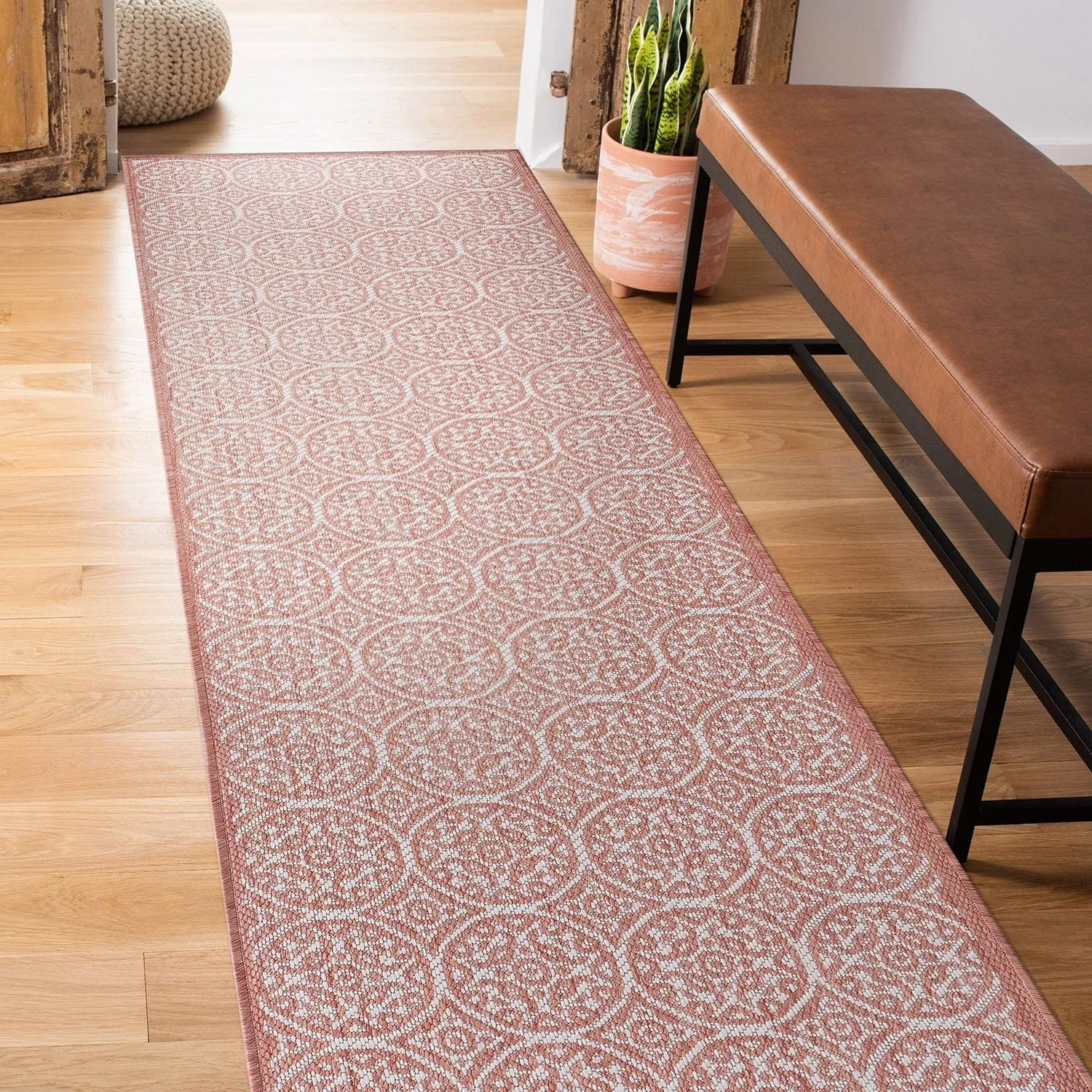 World Rug Gallery Transitional Floral Circles Textured Flat Weave Indoor/Outdoor Area Rug