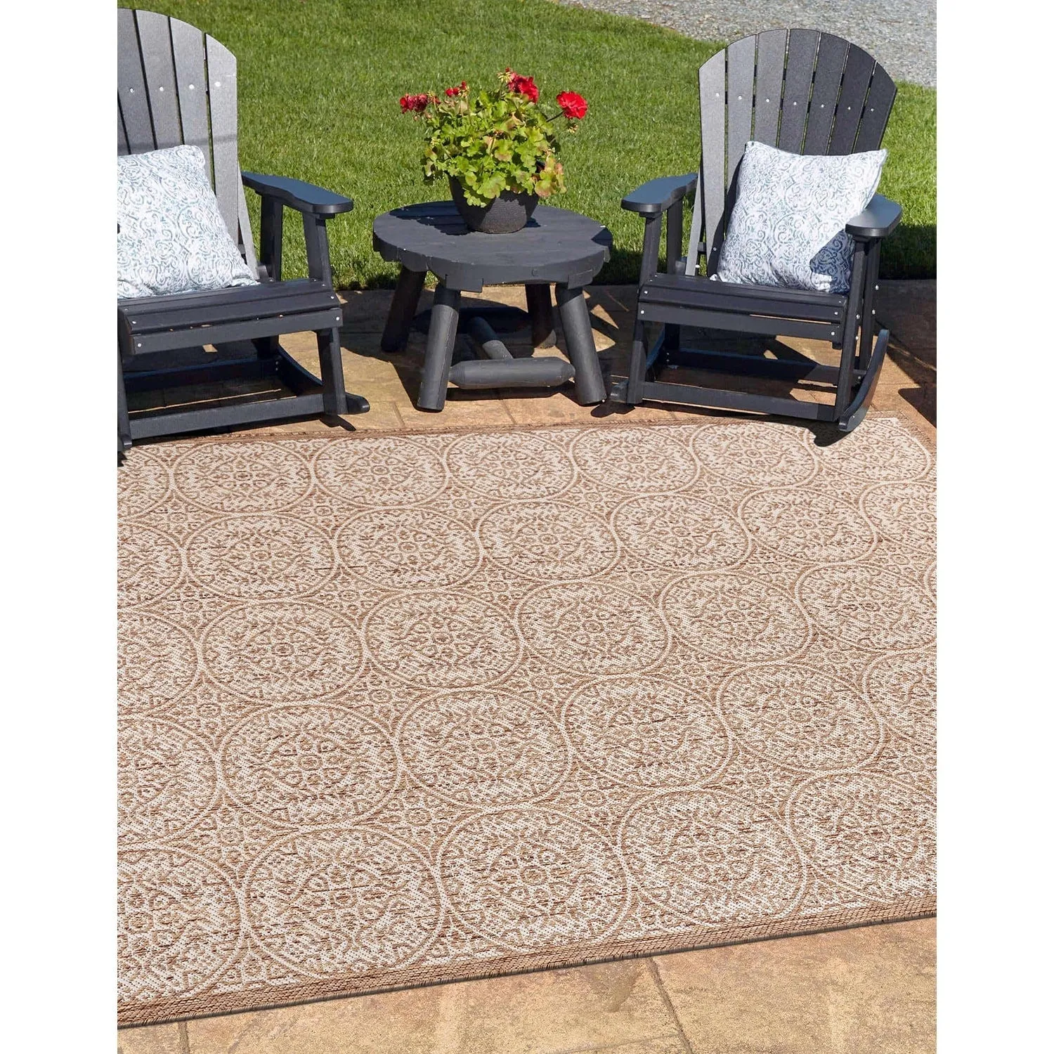 World Rug Gallery Transitional Floral Circles Textured Flat Weave Indoor/Outdoor Area Rug