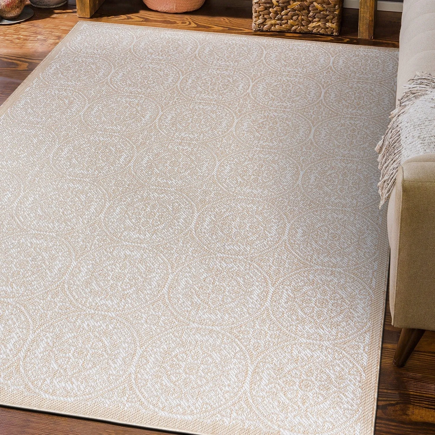 World Rug Gallery Transitional Floral Circles Textured Flat Weave Indoor/Outdoor Area Rug
