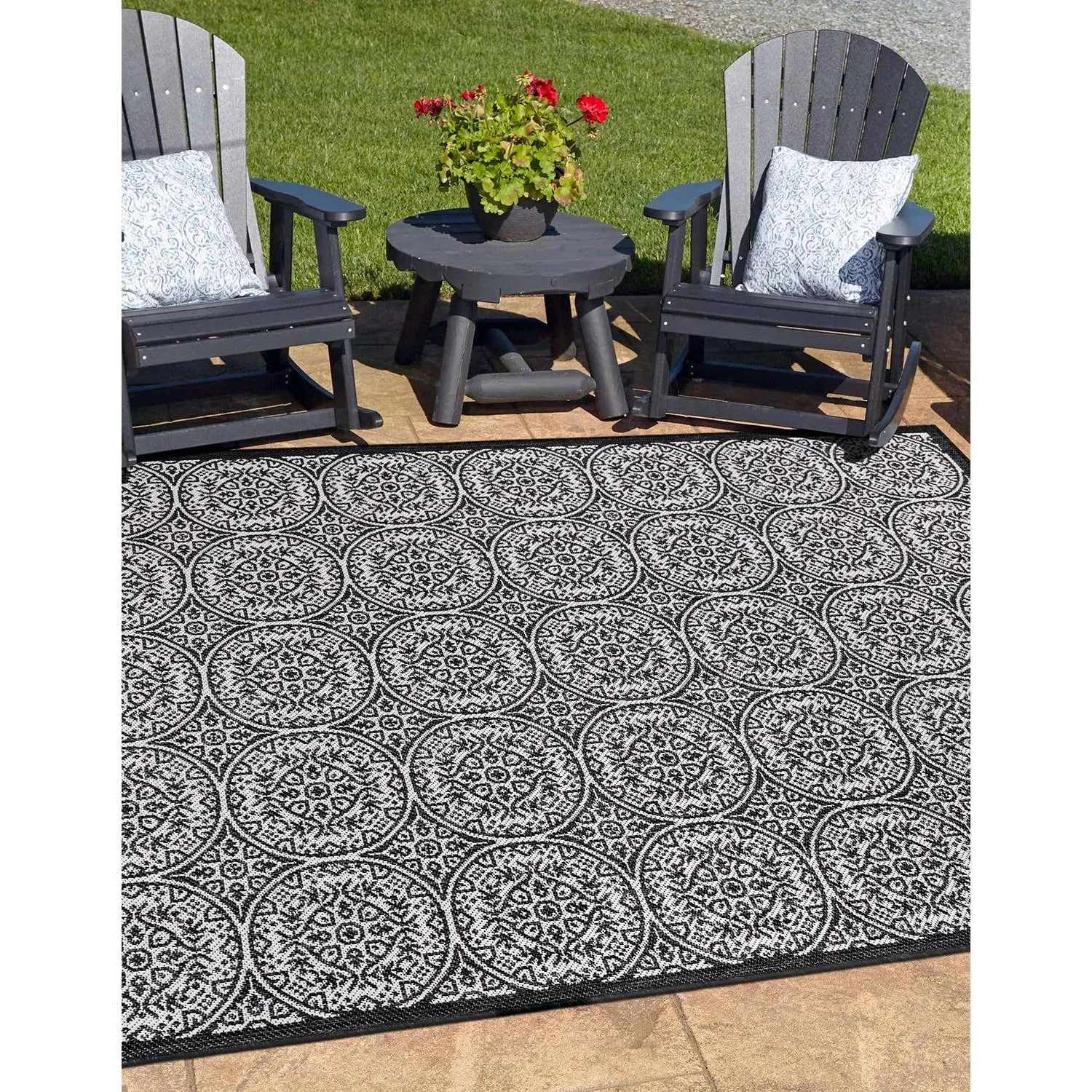World Rug Gallery Transitional Floral Circles Textured Flat Weave Indoor/Outdoor Area Rug