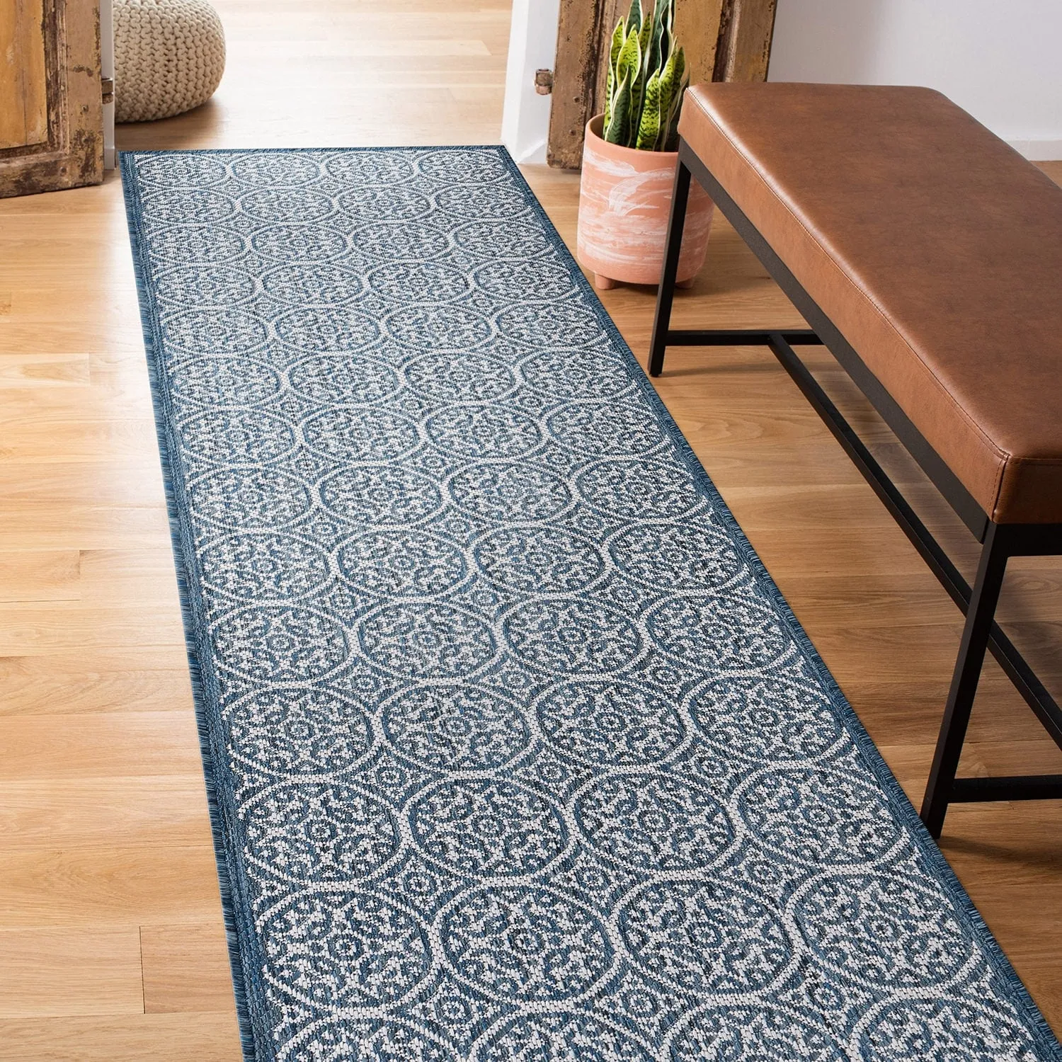 World Rug Gallery Transitional Floral Circles Textured Flat Weave Indoor/Outdoor Area Rug