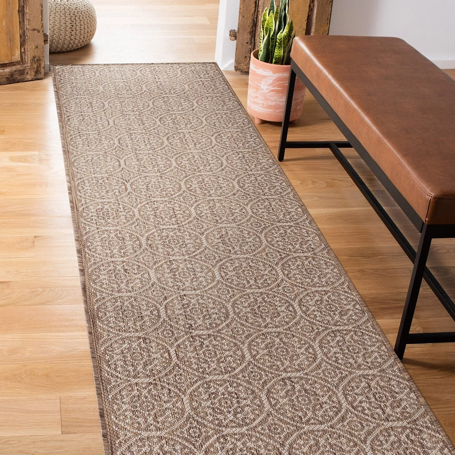 World Rug Gallery Transitional Floral Circles Textured Flat Weave Indoor/Outdoor Area Rug