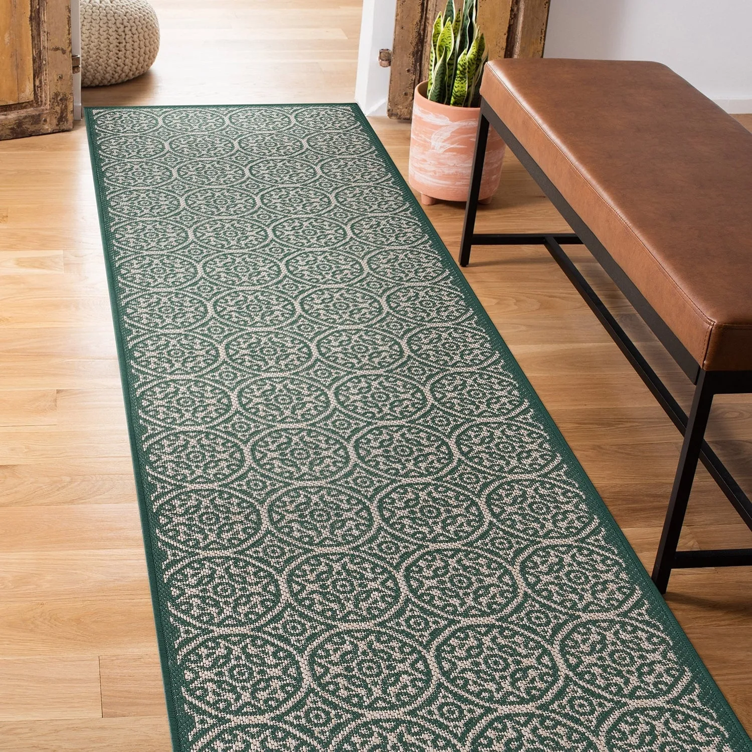 World Rug Gallery Transitional Floral Circles Textured Flat Weave Indoor/Outdoor Area Rug
