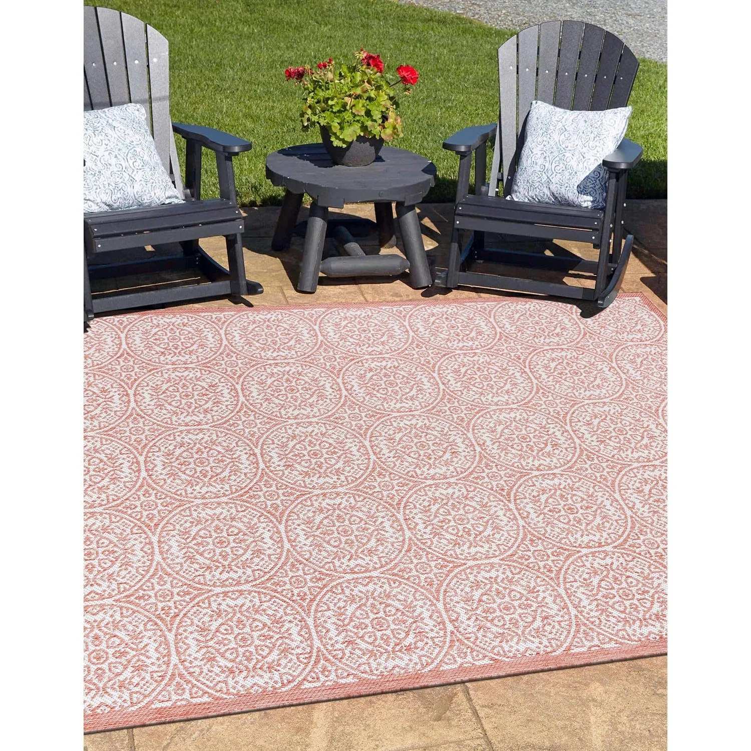 World Rug Gallery Transitional Floral Circles Textured Flat Weave Indoor/Outdoor Area Rug