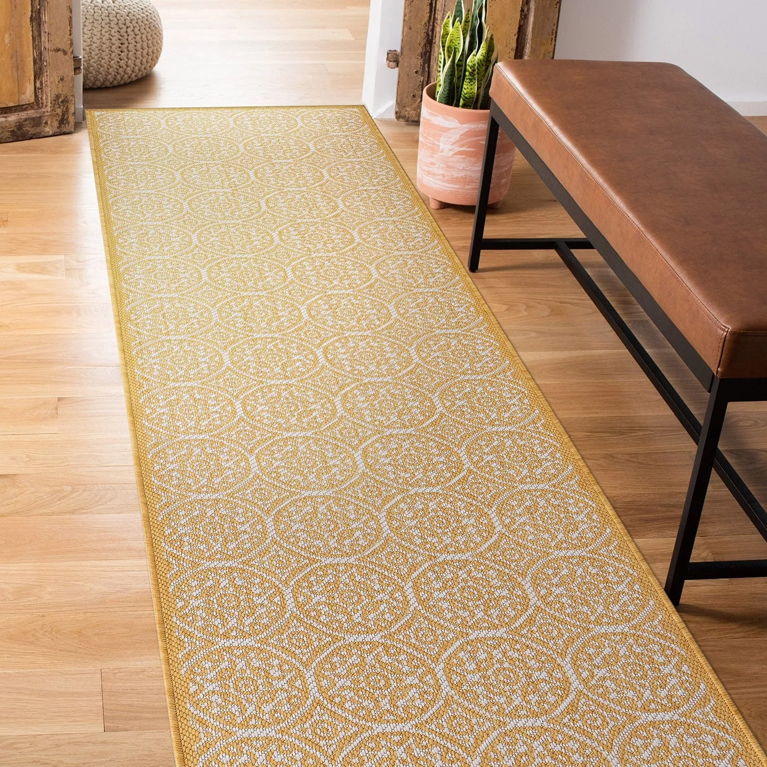World Rug Gallery Transitional Floral Circles Textured Flat Weave Indoor/Outdoor Area Rug